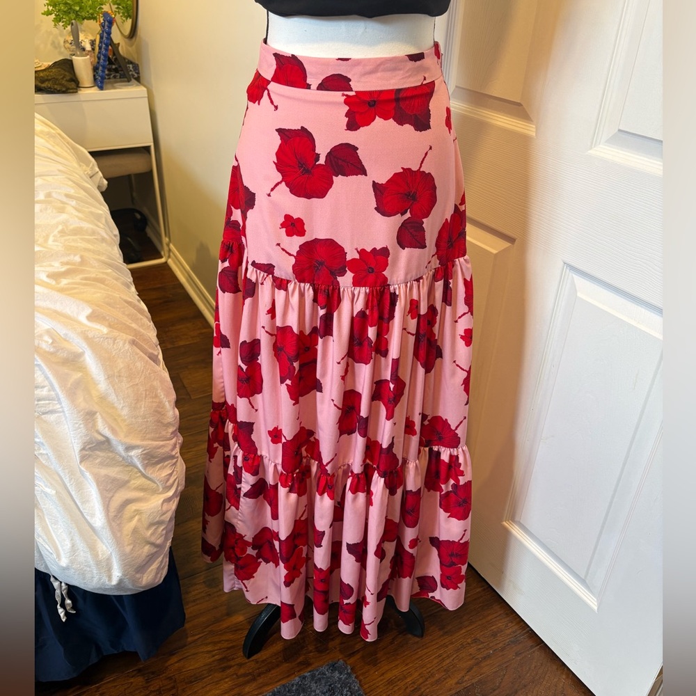 Borgo De Nor 100% Silk Floral Tiered Maxi Skirt Pink Red Size 10